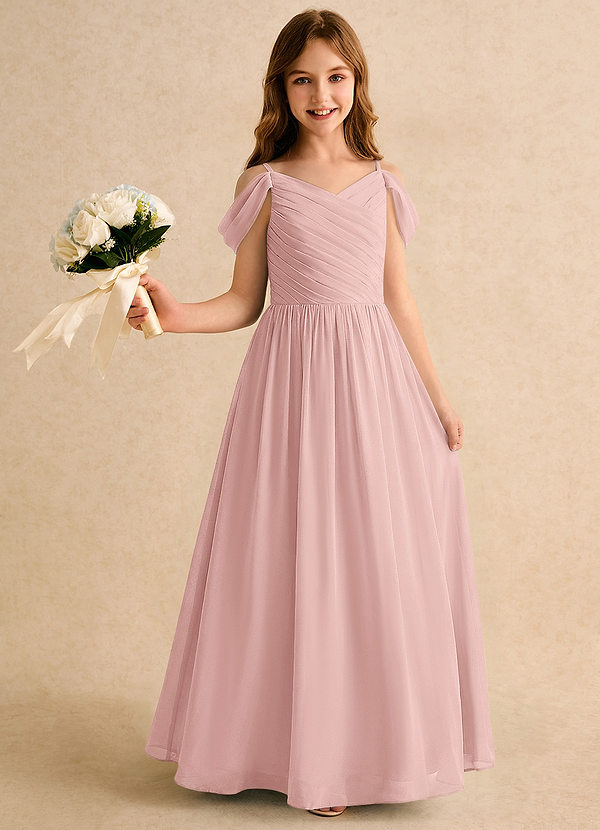 Azazie Chelo Girls Formal Vestidos de arras Vestido Rosa Empolvado de Gasa de Corte en A con Plisado image1