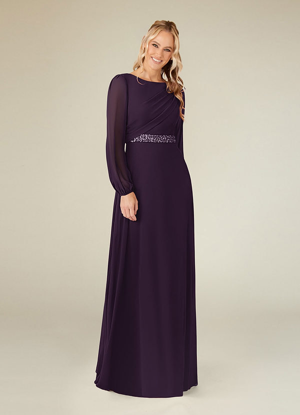 Azazie Priyanka Mother of the Brides Dresses Plum A-Line Boatneck Pleated Chiffon Dress image1