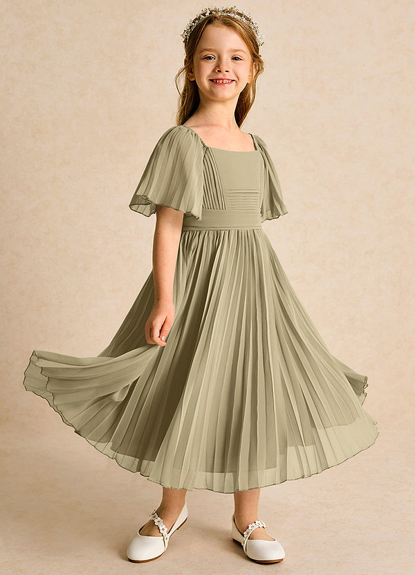 Azazie Gisele Flower Girl Dresses Moss Green A-Line Pleated Chiffon Dress image1