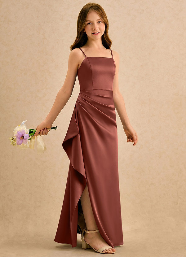 Azazie Cannoli Girls Formal Sukienki dla dziewczynek sypiących kwiaty Linia A Pofałdowany Satyna elastyczna Długość podłogi Sukienka image1