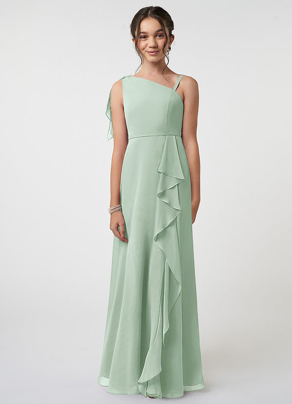 Azazie Aidy Junior Agave A-Line Bow Chiffon Dress image1