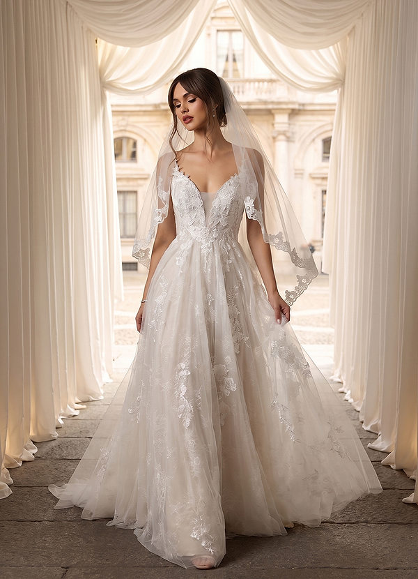front Cora Eileen Lace Floral Applique Fingertip Veil