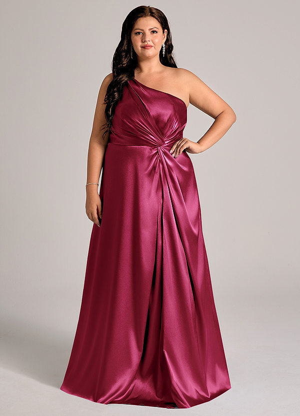 Azazie Brooke Bridesmaid Dresses Burgundy A-Line One Shoulder Metallic Satin Dress image1