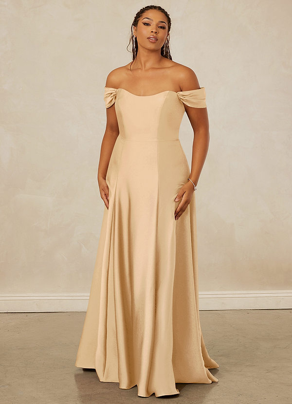 Christian Siriano Bridal for Azazie 1002 Robes Demoiselle d'honneur Robe Trapèze Convertible en Satin extensible Épaule décolletée Or image1