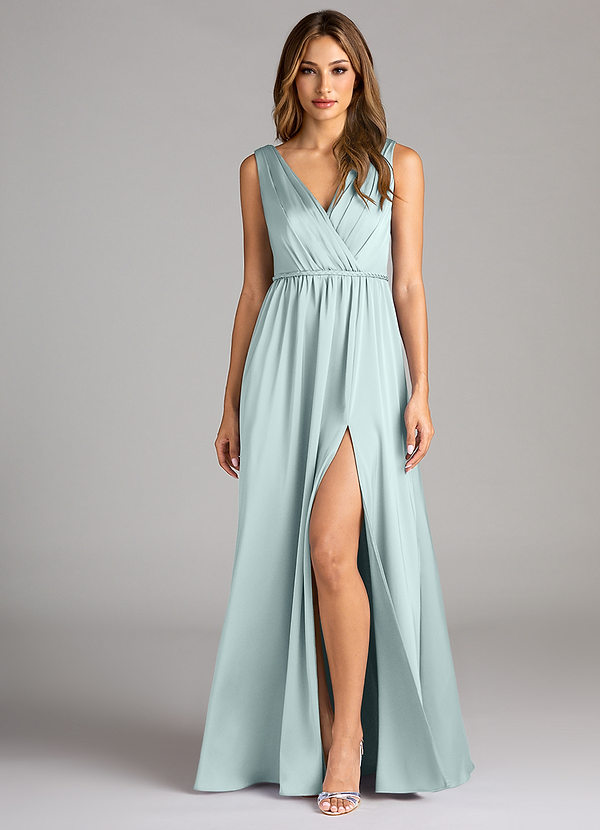Azazie Tanicia Bridesmaid Dresses Mist A-Line Pleated Stretch Satin Dress image1