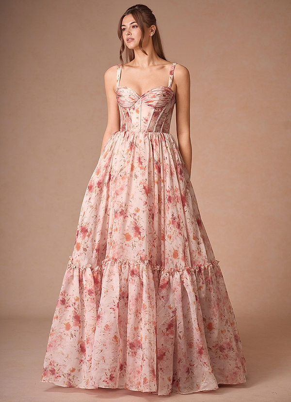 Halame Apricot Multi Sleeveless Floral A-Line Gown image1