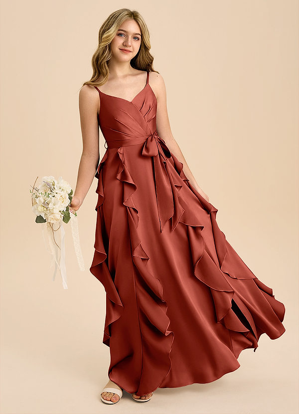 Azazie Peyton Junior Terracotta A-Line Pleated Stretch Satin Dress image1