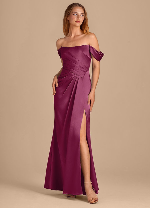 Azazie Shea Bridesmaid Dresses Burgundy Mermaid Off the Shoulder Metallic Satin Convertible Dress image1