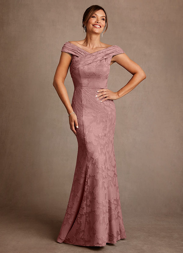 Azazie Aberdeen Mother of the Brides Dresses Dusty Rose Sheath Pleated Floral Burnout Dress image1