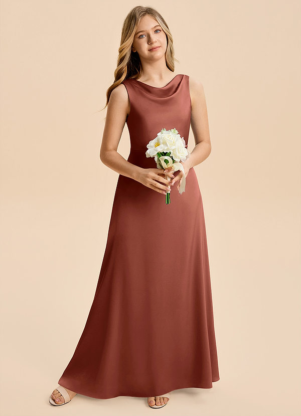 Azazie Kiki Junior Auburn A-Line Bow Stretch Satin Dress image1