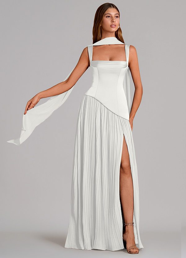 Azazie Stephanie Vestidos Dama de Honor Vestido de Blanco de Satén Elástico de Corte en A con Plisado image1