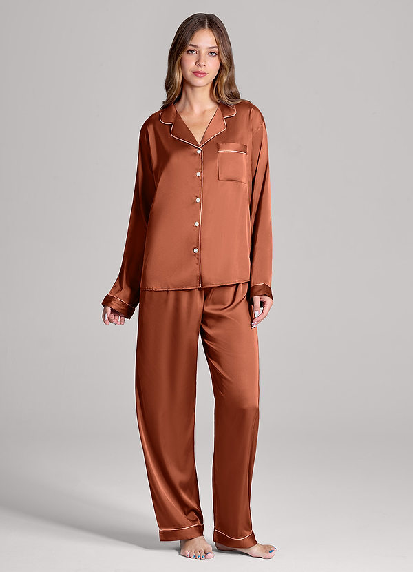 front Matchande färg långa ärmar och byxor Satin PJ Set