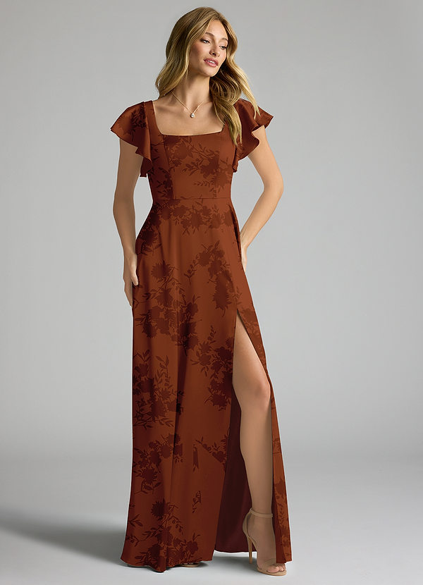 Azazie Bondi Brautjungfernkleider A-Linie Schleifen Stretch-Satin Kleid Gebranntes Orange Mit Blumen image1