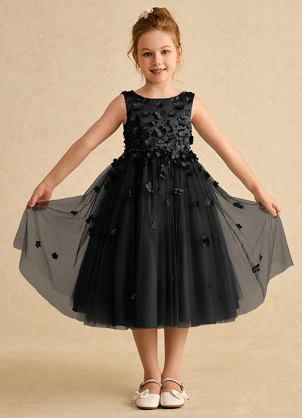 Azazie Lana Blumenkinder Kleider A-Linie ärmellos Matte Satin Kleid Schwarz image1