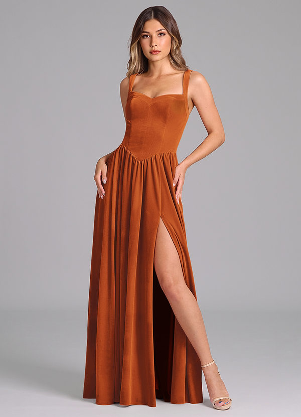 Azazie Francis Bridesmaid Dresses Burnt Orange A-Line Corset Velvet Dress image1