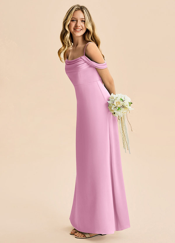 Azazie Lettie Junior Jurk van Stretch Satijn met A-Lijn Off-shoulder Snoep Roze image1