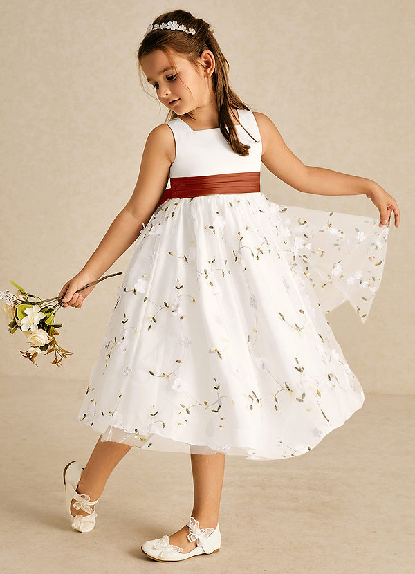Azazie Pollie Flower Girl Dresses Ivory Paprika A-Line Bow Tulle Dress image1