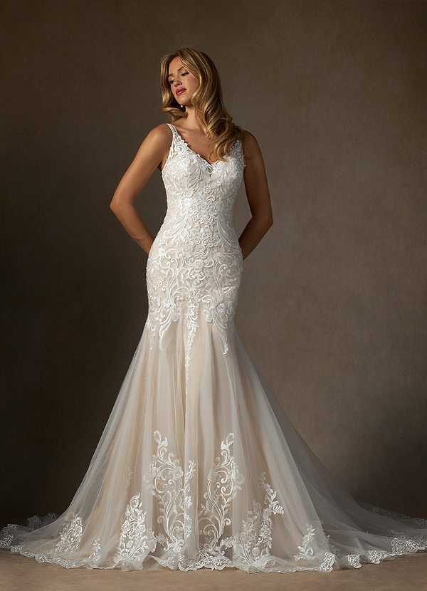Azazie Diva Wedding Dresses Diamond White Champagne Mermaid V-Neck Sequins Tulle Dress image1