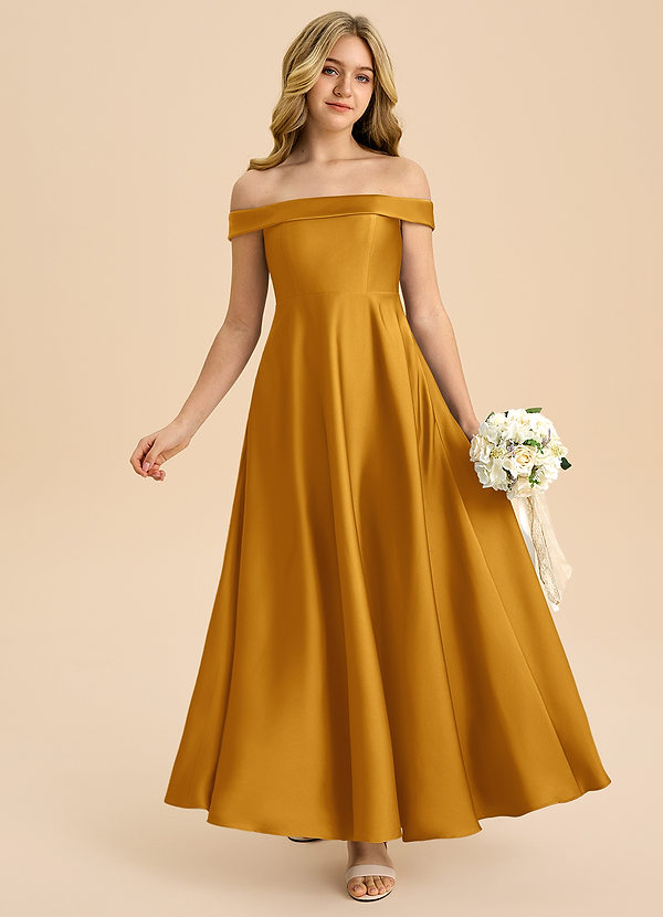Azazie Sissy Junior Butterscotch A-Line Off the Shoulder Stretch Satin Dress image1