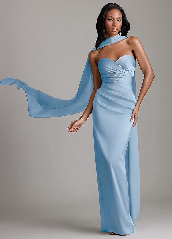 Azazie Sonora Vestidos Dama de Honor Vestido de Azul Pálido de Satén Elástico de Corte Recto con Sin tirantes image1