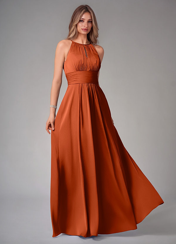 Azazie Bonnie Bridesmaid Dresses Paprika A-Line Pleated Stretch Satin Dress image1
