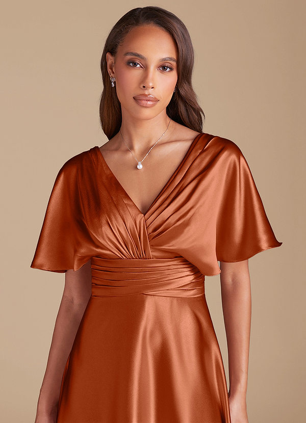 Azazie Pamela Brautjungfernkleider A-Linie Plissee Metallischer Satin Kleid Rotbraun image1