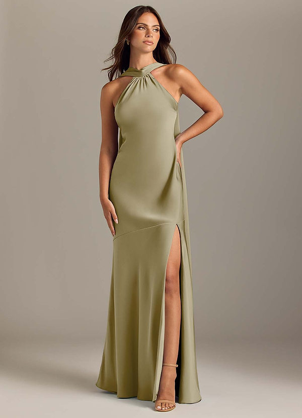 Azazie Kinsley Vestidos de Dama de Honor Vestido Musgo Verde de Cetim elástico de sereia com Racha Lateral image1