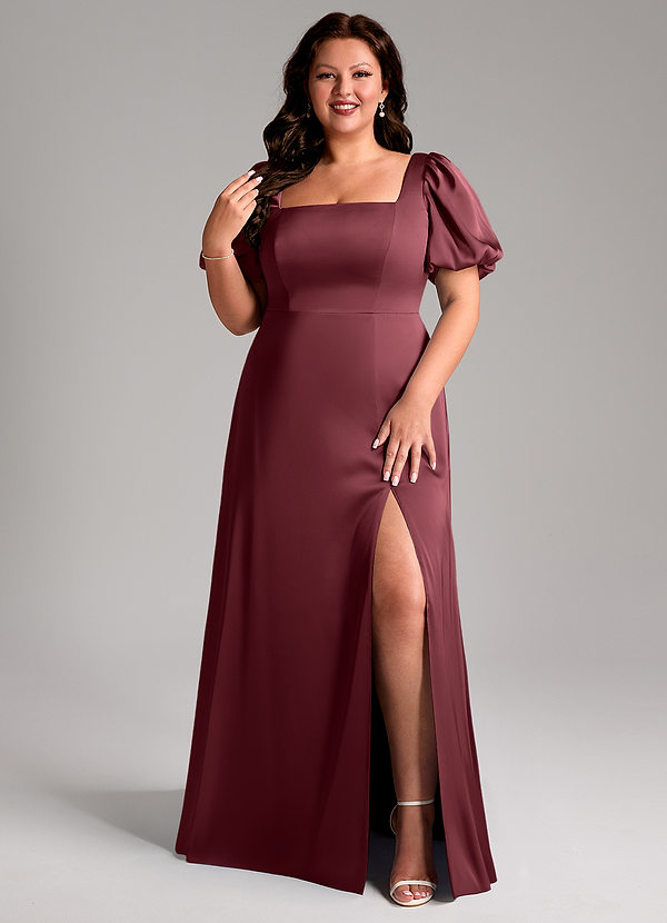 Azazie Fyona Vestidos Dama de Honor Vestido de Merlot de Satén Elástico de Corte en A con Plisado image1