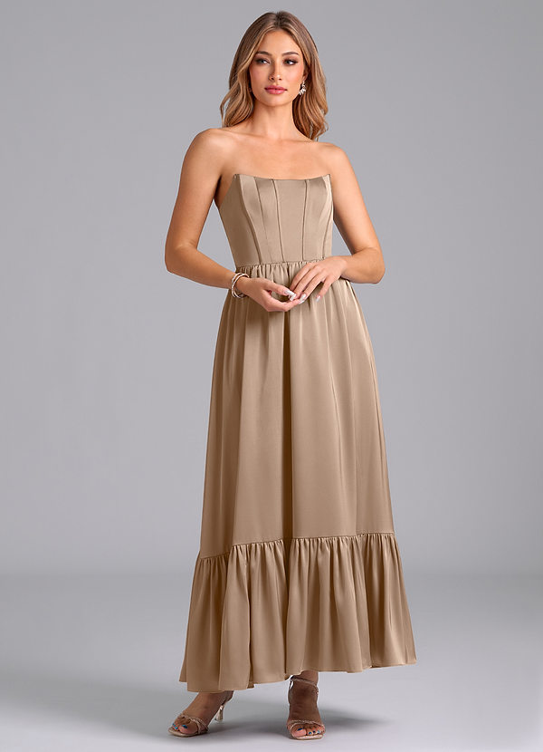 Azazie Leilana Bridesmaid Dresses Taupe A-Line Corset Stretch Satin Dress image1