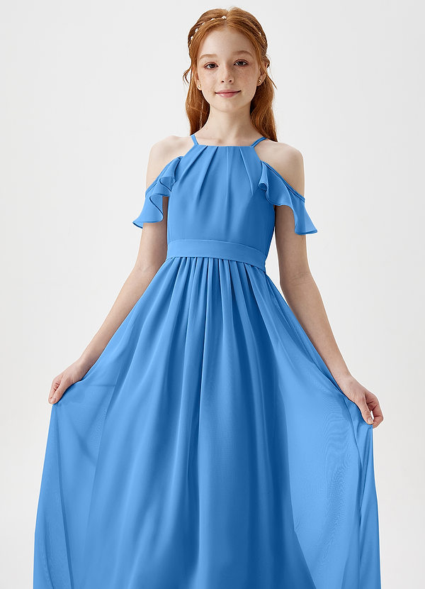 Azazie Chaya Junior Blue Jay A-Line Off the Shoulder Chiffon Dress image1