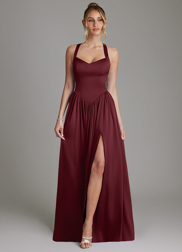 Azazie Francis Bridesmaid Dresses Cabernet A-Line Corset Stretch Satin Dress image1
