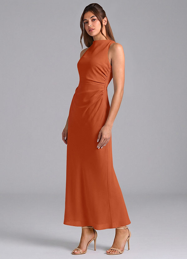 Azazie Evadne Robes Demoiselle d'honneur Robe Fourreau en Mousseline de soie Plissée Orange Brûlée image1