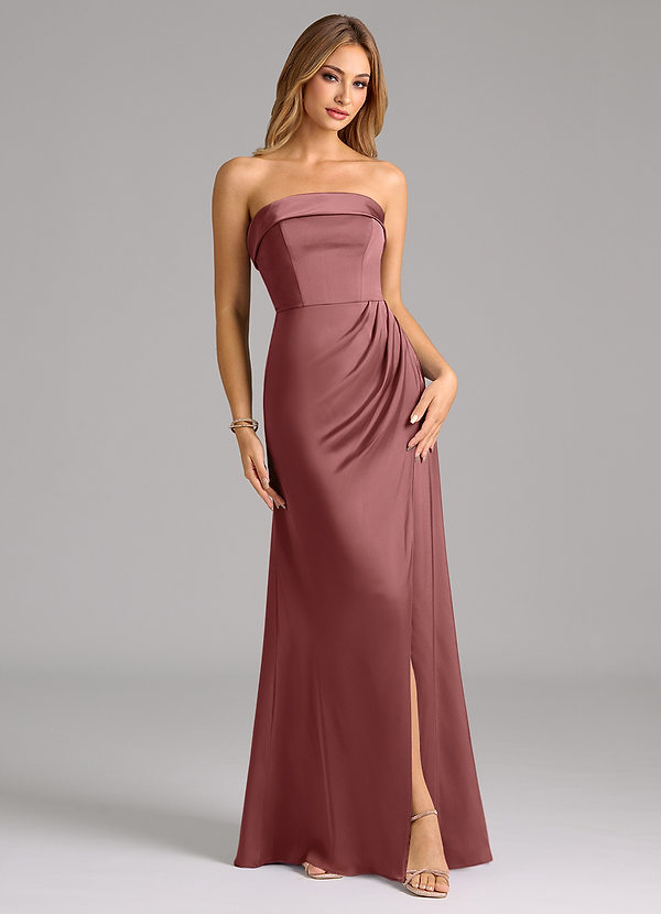 Azazie Aretha Suknie dla druhen Linia A Bez ramiączek Satyna elastyczna Do ziemi Sukienka image1