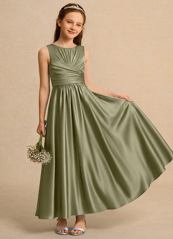 Azazie Ducky Girls Formal Flower Girl Dresses Pistachio A-Line Pleated Stretch Satin Dress image1