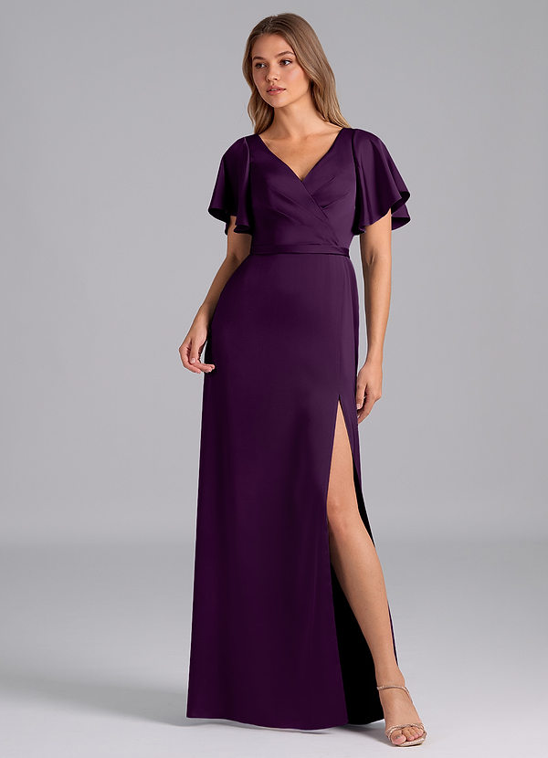 Azazie Ambrosia Bridesmaid Dresses Grape A-Line Pleated Stretch Satin Dress image1