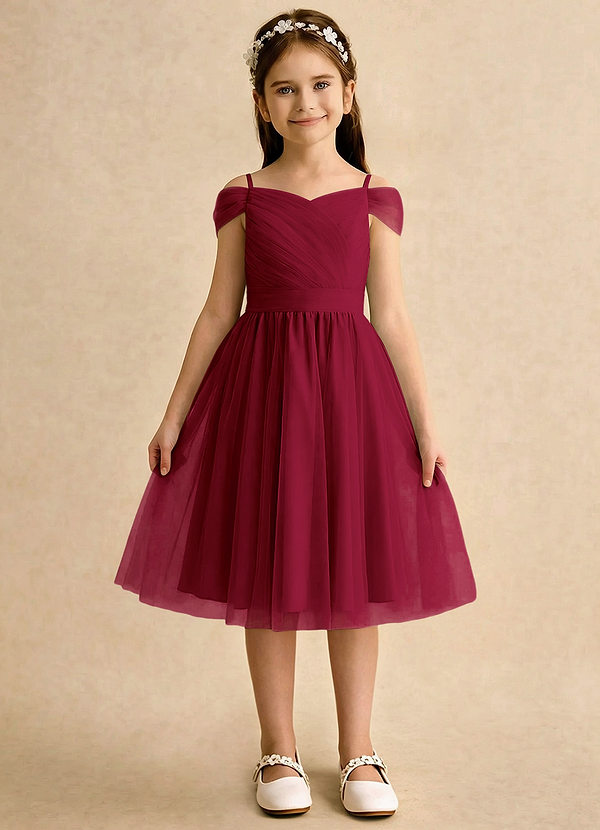 Azazie Lila Girls Formal Flower Girl Dresses Burgundy A-Line Off the Shoulder Tulle Dress image1