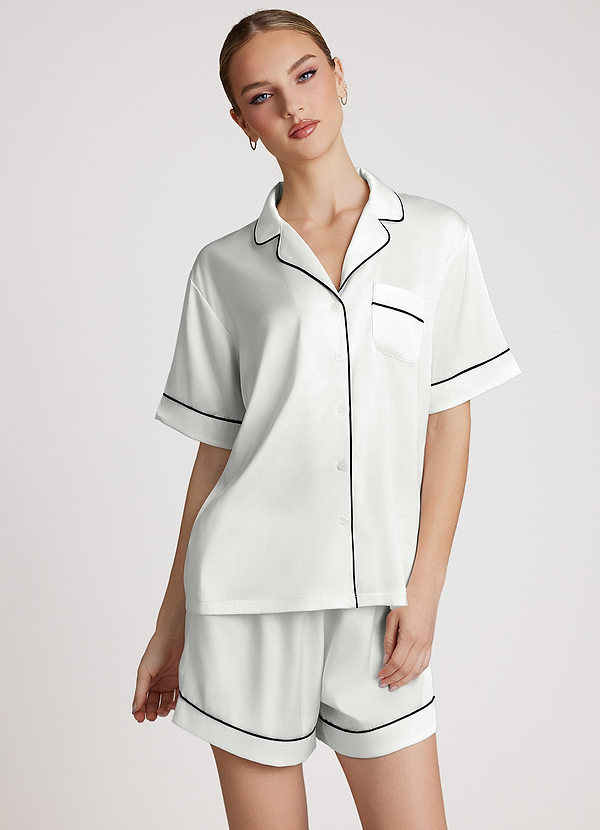 front White Satin Contrast Piping Pajama Set