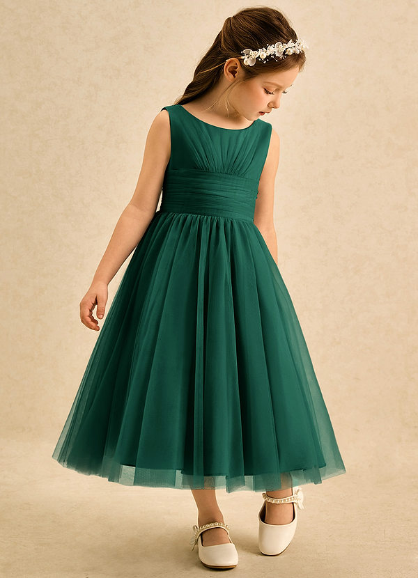 Azazie Macaron Abiti da Ragazza di Fiori Abito A-Line in Tulle Plissettato Smeraldo image1