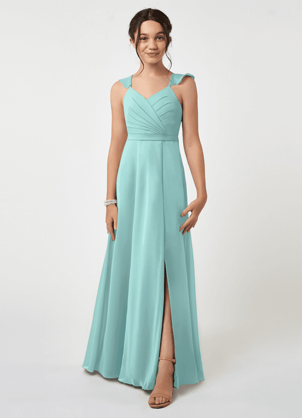 Azazie Emily Junior Aqua A-Line Ruched Chiffon Dress image1