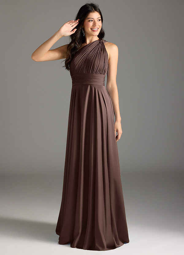 Azazie Charlize Bridesmaid Dresses Ganache A-Line One Shoulder Stretch Satin Dress image1