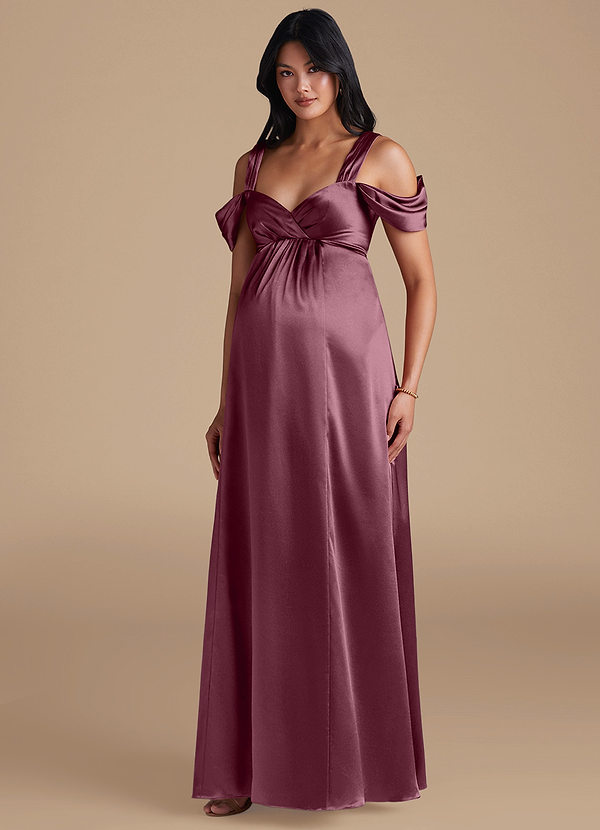 Azazie Rhea Brautjungfernkleider für Schwangere A-Linie Plissee Metallischer Satin Bodenlänge Kleid image1