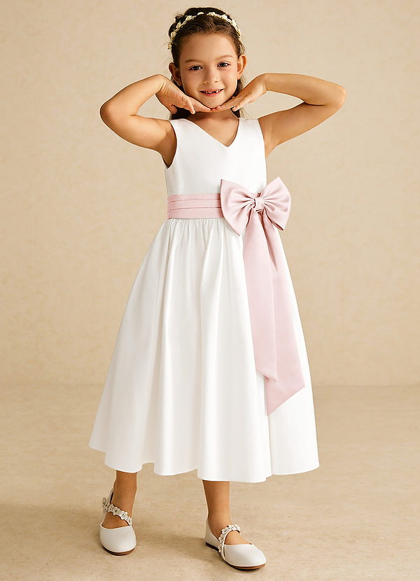 Azazie Darling Flower Girl Dresses Ivory Blushing Pink A-Line Bow Cotton Dress image1
