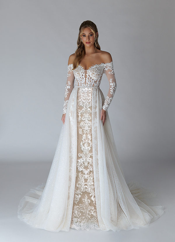 Azazie Solaris Wedding Dresses Diamond White Nude A-Line V-Neck Sequins Tulle Dress image1