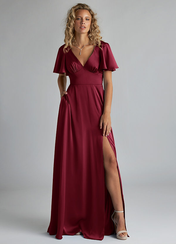 Azazie Kimber Brautjungfernkleider A-Linie Gestreift Stretch-Satin Kleid Burgunderrot image1
