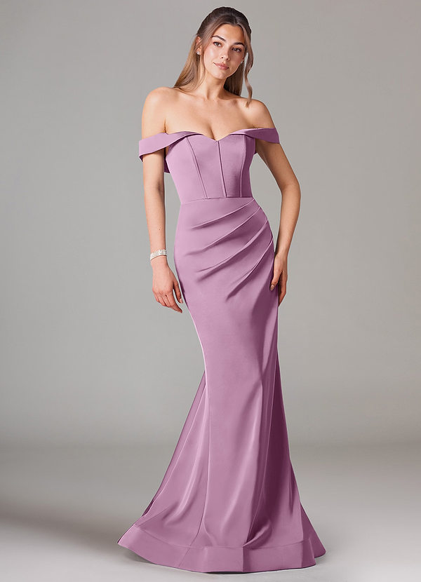 Azazie Everly Bridesmaid Dresses Wisteria Mermaid Off the Shoulder Stretch Satin Convertible Dress image1