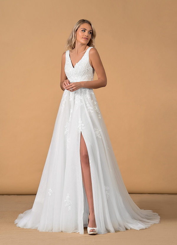 Azazie Joie Wedding Dresses A-Line V-Neck Sequins Tulle Chapel Train Dress image1