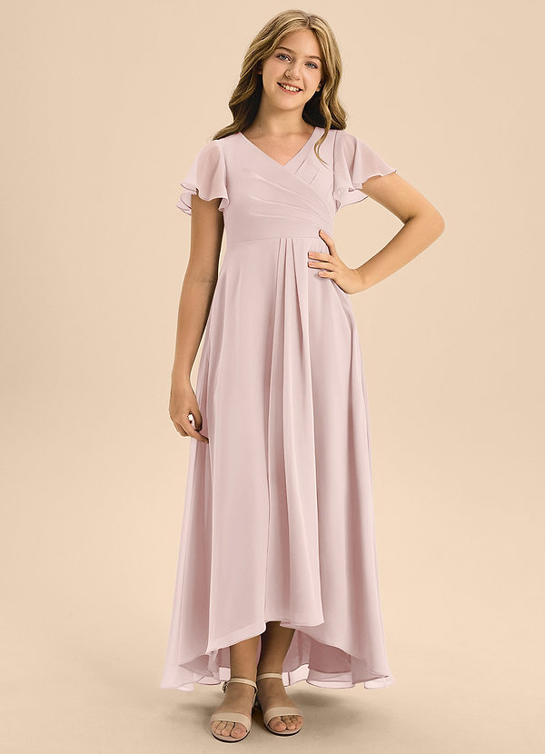 Azazie Induh Junior Blushing Pink A-Line Pleated Chiffon Dress image1