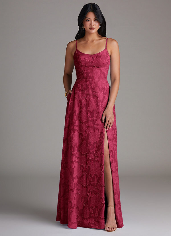 Azazie Moira Bridesmaid Dresses Burgundy A-Line Side Slit Floral Burnout Dress image1