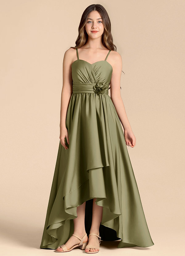 Azazie Catalina Junior Vestido de Pistacho de Satén Elástico de Corte en A con Escote de Corazón image1
