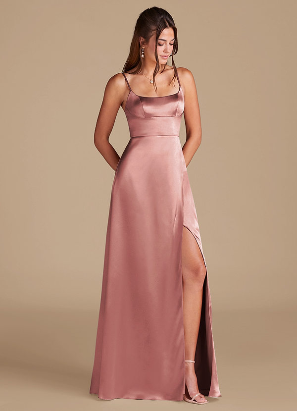 Azazie Halsey Abiti da Damigella Abito A-Line in Raso Metallizzato Spacco Laterale Rosa Polverosa image1